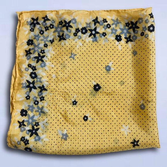 Yellow Silk Square Scarf Blue Floral Polka Dot Print | 20"x19" - Picture 1 of 6